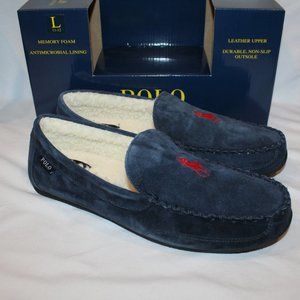 NIB POLO RALPH LAUREN MEN'S SUEDE‎ COMFORT SLIPPERS NAVY BLUE RED